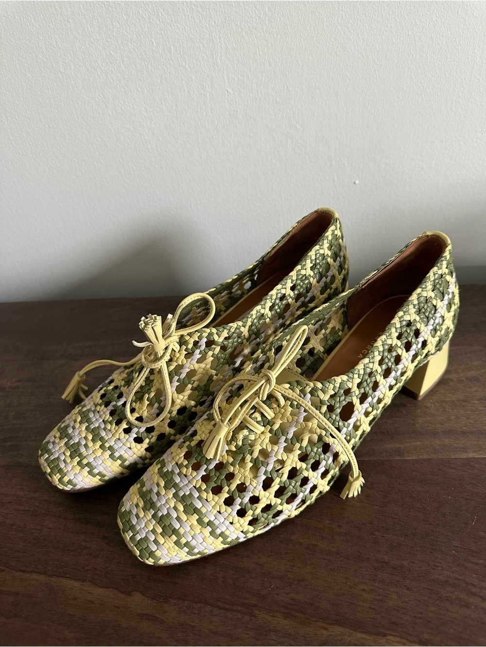 Woven Lace-Up Low Block Heel Pumps in Yellow